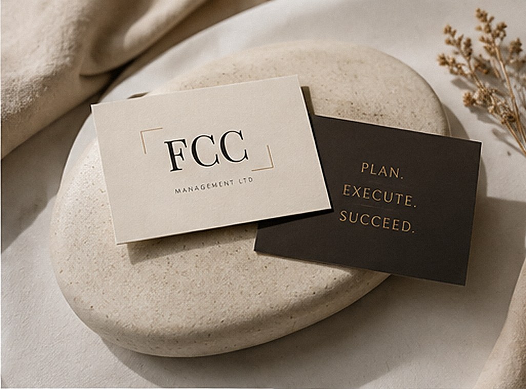 FCC Management business cards resting on a pale stone