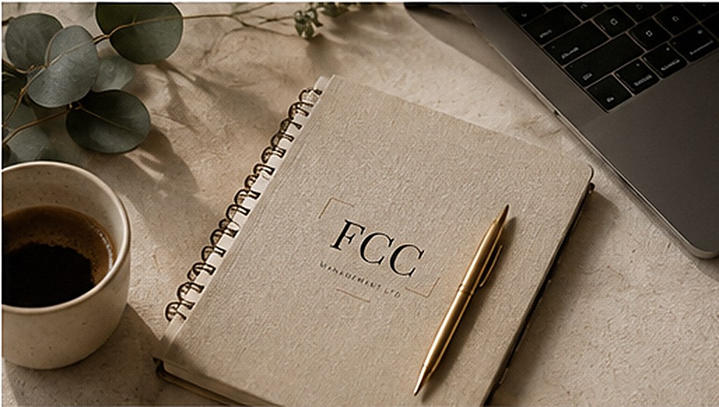 An FCC-branded notebook and gold pen beside a cup of coffee and eucalyptus