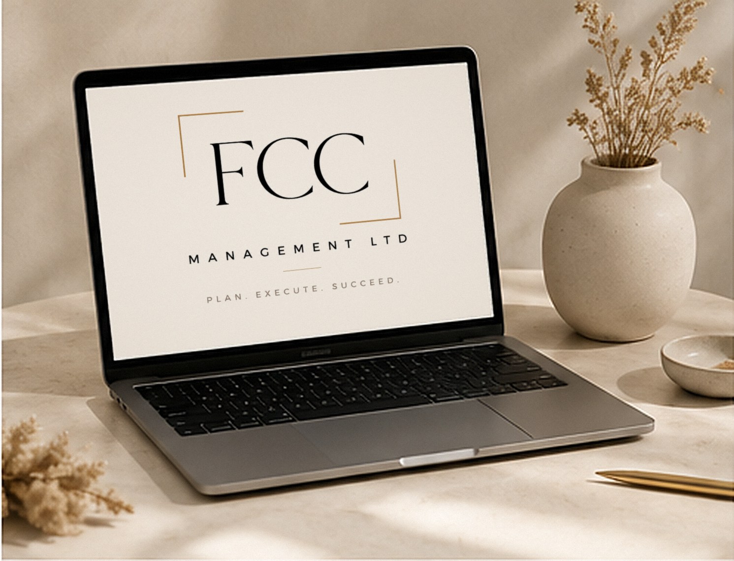 A laptop on a desk showing the FCC Management logo, beside a vase of dried flowers