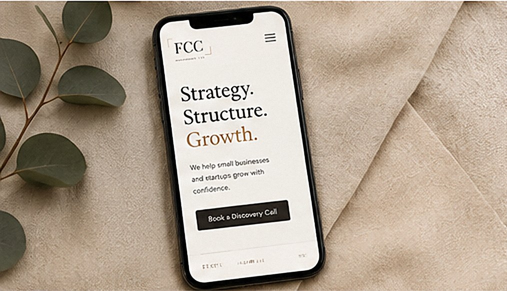 A phone showing the FCC Management website beside eucalyptus leaves