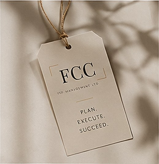 An FCC Management swing tag reading Plan. Execute. Succeed.